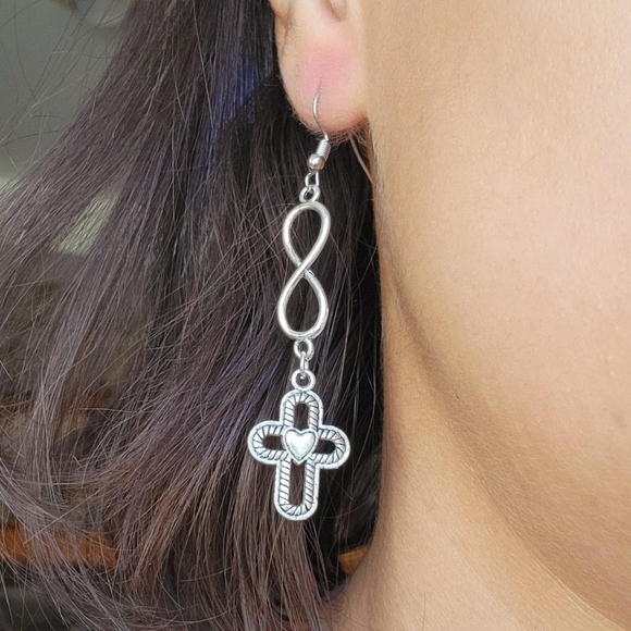 Pair of Silver Cross Infinity Drop Hook Earrings - Picture 3 of 8